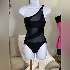 NWT Bar III Black One piece Swimsuit, One Shoulder with Sheer cutouts XS